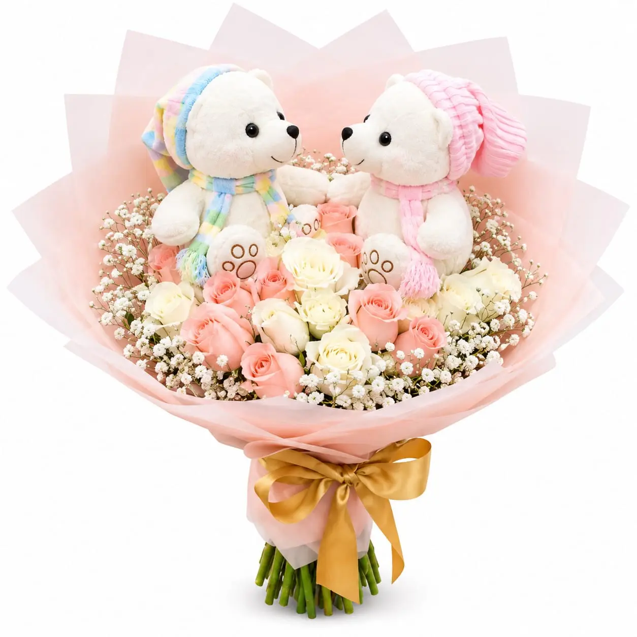 ramo buchón de rosas rosadas y blancas con pareja de peluches para regalo romántico delivery de flores en Lima